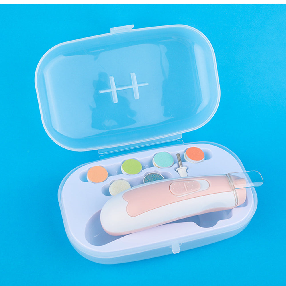 Baby Electric Nail trimmer Portable dental tool set in a clear case on a blue background