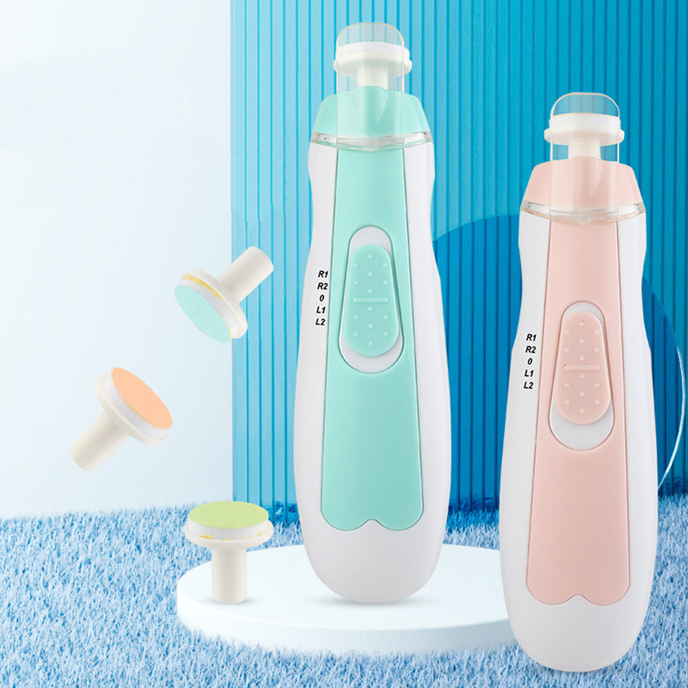 Two electronic devices with attachments on a blue textured background Baby Electric Nail trimmer