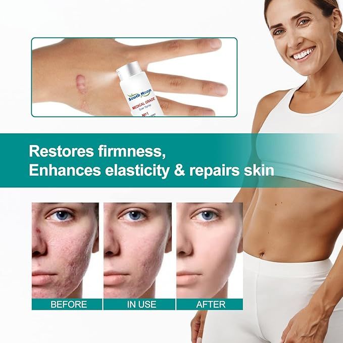 Advertisement for a skin care product for health showing before, during, and after effects on a woman's body and face.