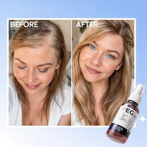 Before and after comparison of hair treatment with a bottle of serum labeled 'EC'. FEG Hair Spray