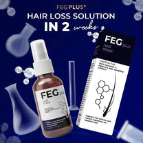 FEG Plus hair loss solution packaging with text on a blue background FEG Hair Spray