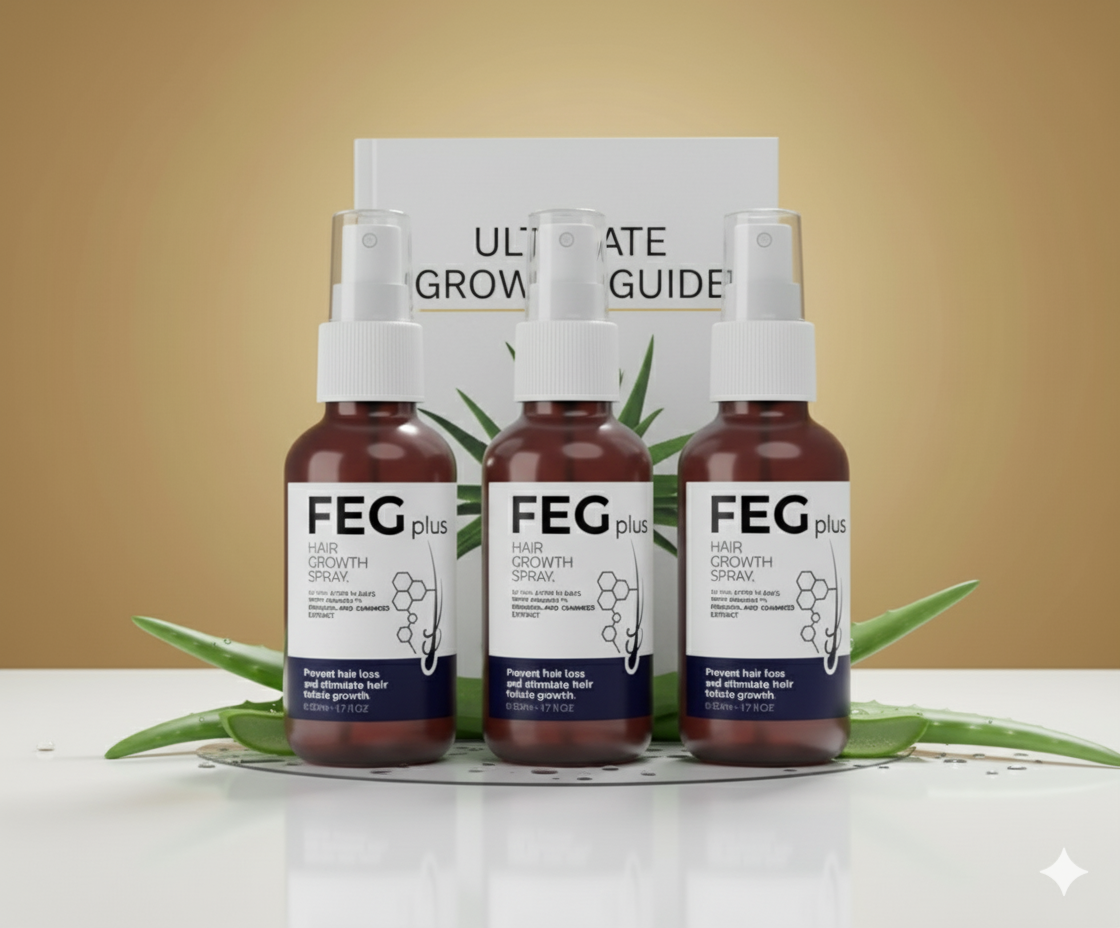 Three bottles of FEG plus hair growth product with a guide on a beige background feg hair spray