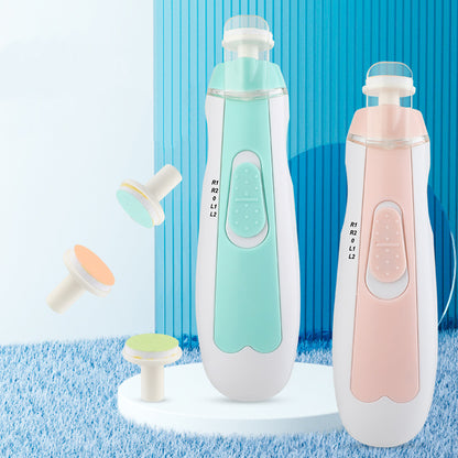 Two electronic devices with attachments on a blue textured background Baby Electric Nail trimmer