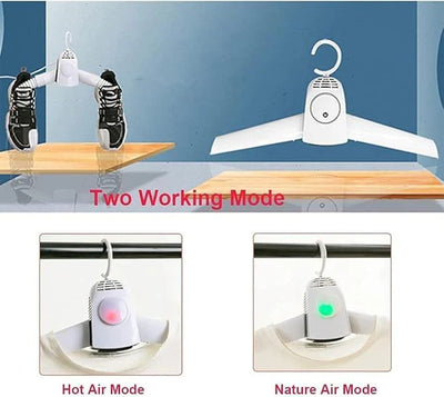 White hanger with shoe dryer on a wooden surface For Home, showing two working modes.