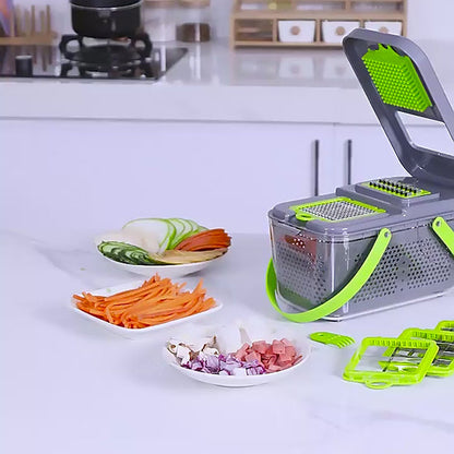 Vegetable chopper with sliced vegetables on a kitchen counter