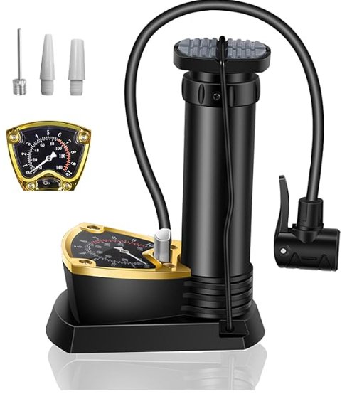 Black and gold car, cycle bike tyre air pump with attachments on a white background