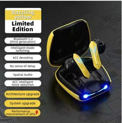 Wireless earbuds with charging case on a dark background, featuring text about features and improvements.