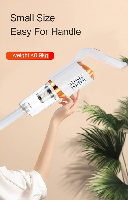 Hand holding a small device with text indicating it is easy to handle and weighs less than 0.9kg, against a beige background of home.