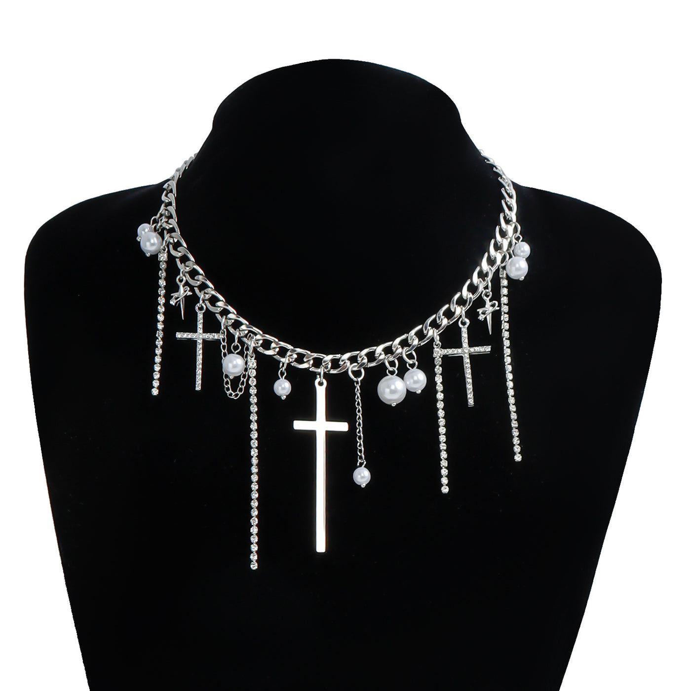 Necklace with cross and pearl pendants on a black mannequin bust.
