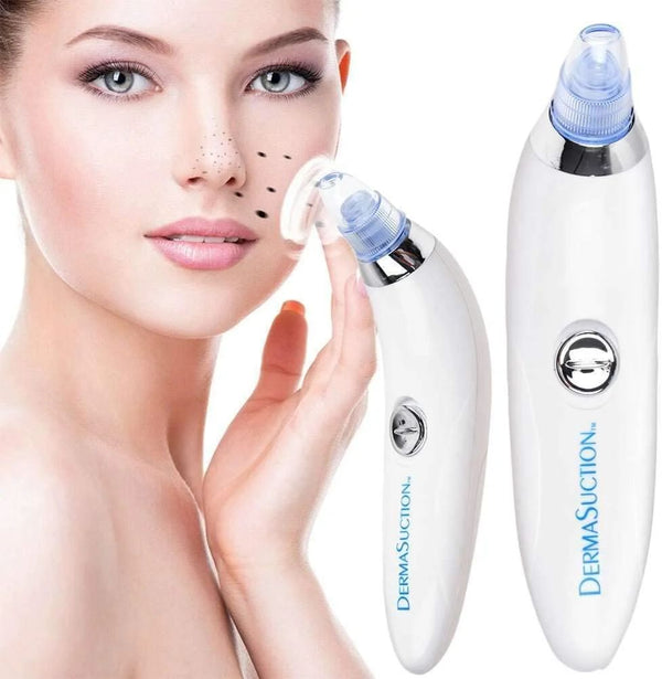 Woman using a derma suction blackhead device on her face with a close-up of the device on a white background.