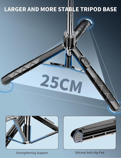 Tripod with a larger base and strengthening support feature, on a blue gradient background.