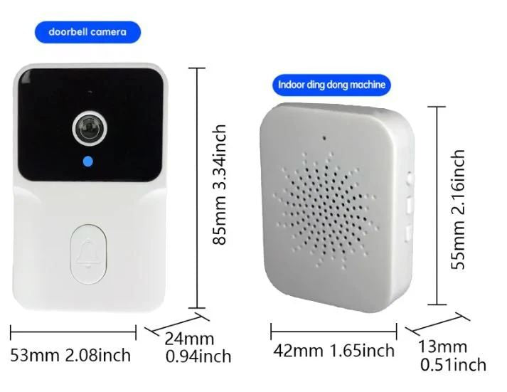 Two electronic devices labeled 'doorbell camera' and 'indoor ding dong machine' with dimensions displayed.