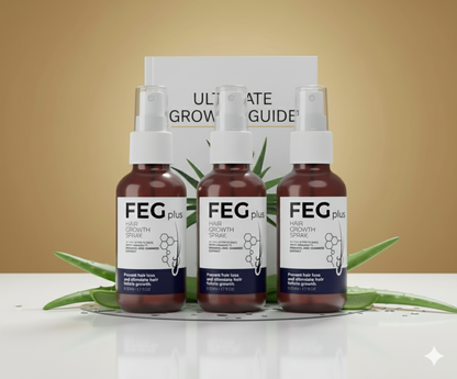 Three bottles of FEG plus hair growth product with a guide on a beige background feg hair spray